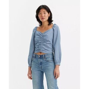 LEVI'S LIVIE LONG SLEEVE BLOUSE CHAMBRAY DENIM SMOCKED‎ CROP TOP XS